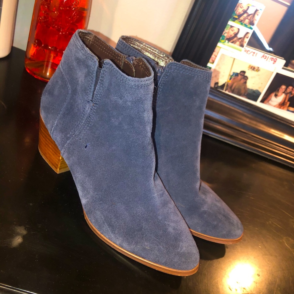 Blue suede heeled booties